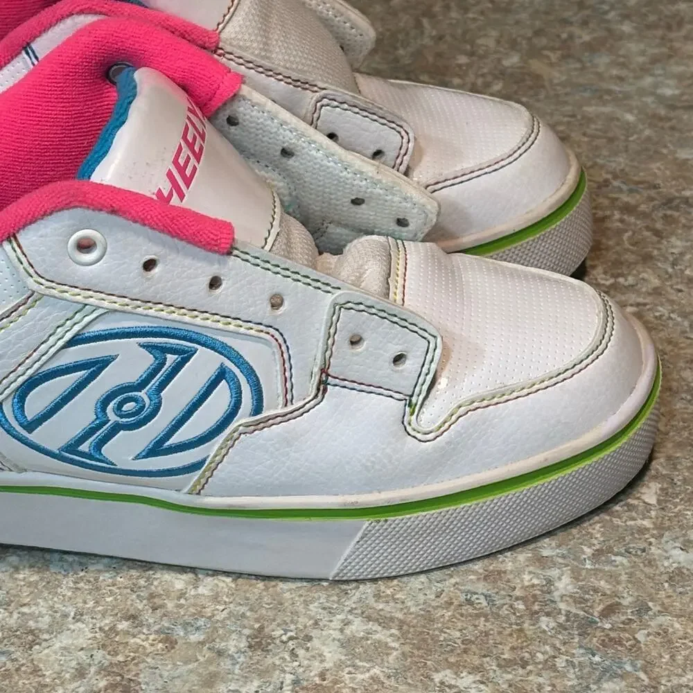 Heelys Girls Motion Plus White Pink Blue Green Roller Tennis Shoes Size 4 READ